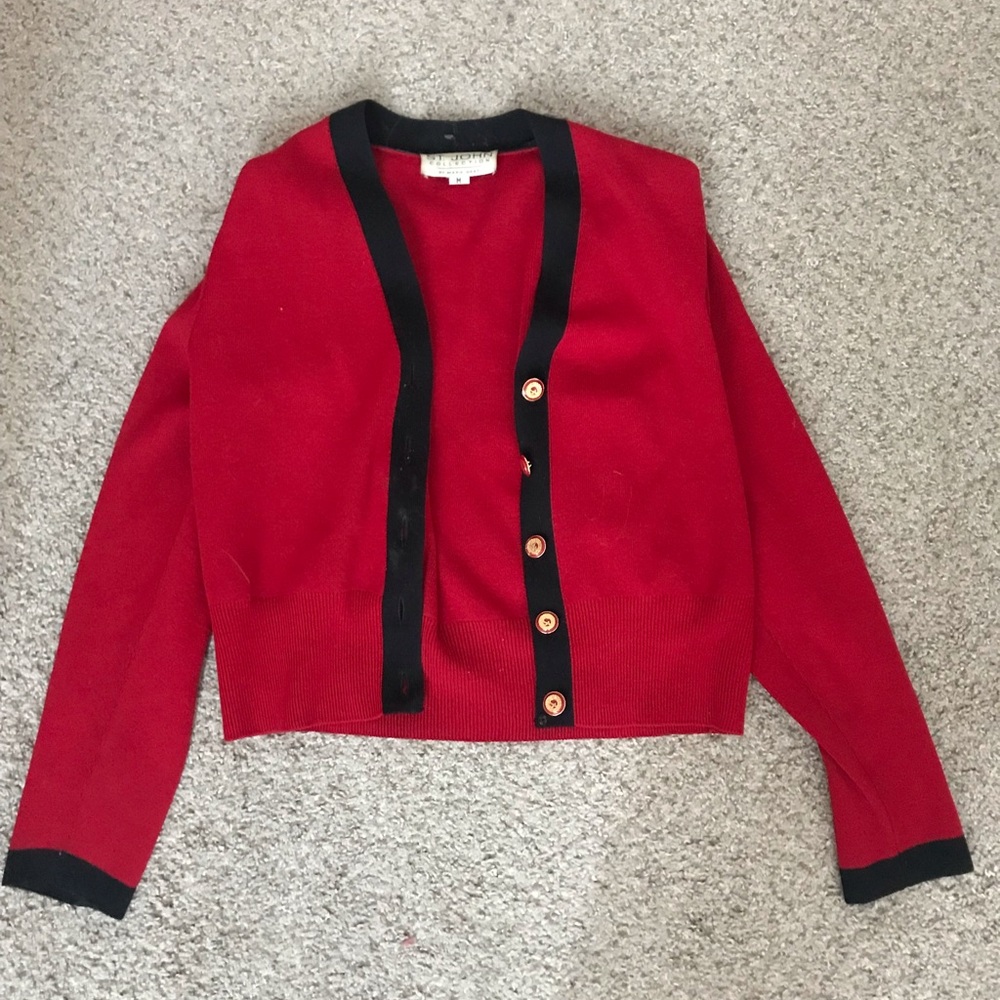 Red and Black Women's Vintage St. John Knitwear Cardigan Sweater